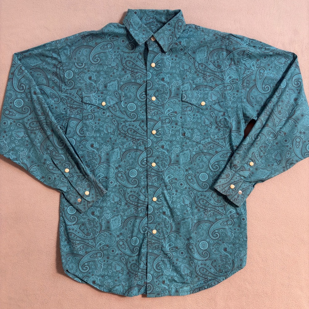 Panhandle Mens Paisley Print Long Sleeve Western Shirt Teal Blue Small